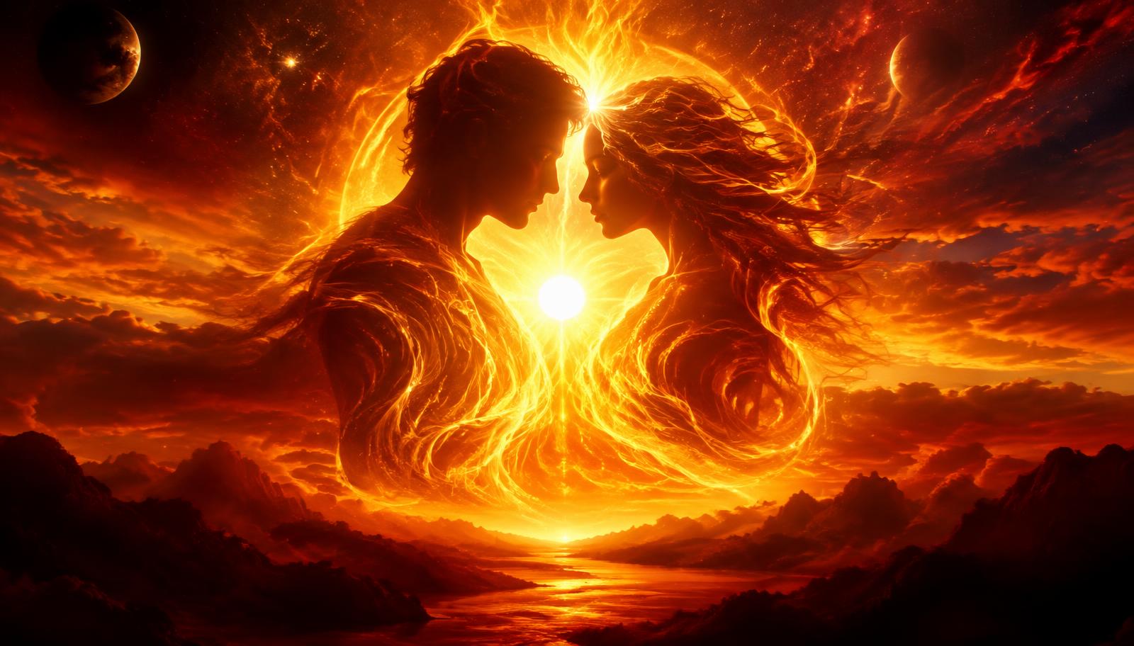 Two flames merging into one radiant golden fire